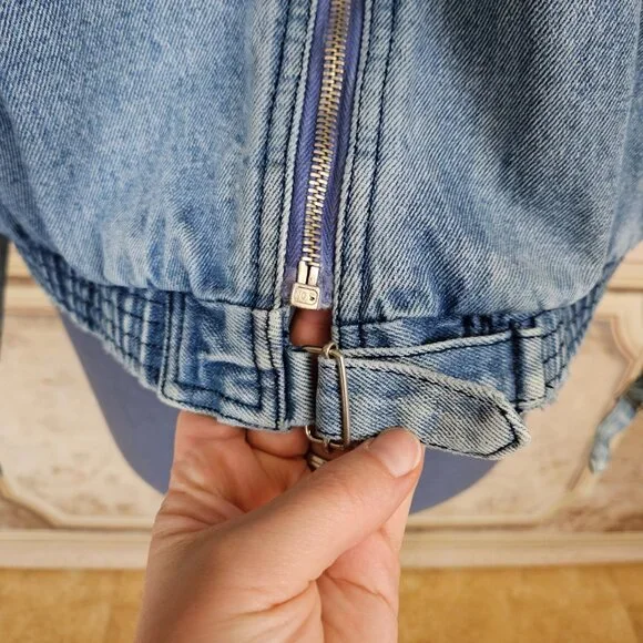 Vintage 1980s Denim Blue Bomber Jacket Distressed Yoke vtg 80s Puff Sleeve M L - Picture 4 of 14